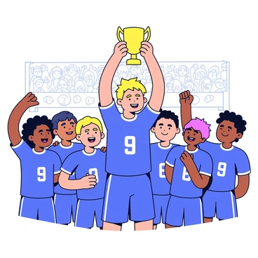 A soccer player with short blonde hair is "proudly holding a championship trophy" above his head. He is wearing a blue jersey with the number 9 on it. Surrounding him are several teammates, each dressed in matching blue jerseys, showing expressions of joy and excitement. Some teammates are cheering, while others have their arms raised in celebration. The background features a blurred stadium filled with fans, adding to the atmosphere of victory.