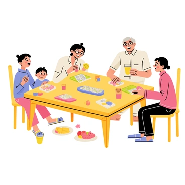 A family of four is gathered around a square wooden table, engaged in a lively game of mahjong. The table is covered with colorful mahjong tiles, neatly arranged in front of each player. One player, a middle-aged woman with glasses, laughs heartily while holding a tile in her hand. Next to her, a young boy with a bright smile reaches for his tiles. The father, wearing a casual shirt, leans forward with a look of concentration, while the grandmother, with gray hair and a warm expression, enjoys a plate of snacks placed in the center of the table. Various plates of fruits, cookies, and drinks are scattered around the table, adding to the cheerful atmosphere in the room.