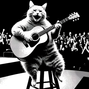 A large, orange cat with black stripes is sitting on a stool on a stage, holding an acoustic guitar. The cat has a wide smile as it strums the guitar, showcasing its musical talent. The stage has a spotlight shining down, illuminating the cat. In the background, a cheering crowd is visible, with hands raised in excitement. The audience appears engaged and lively, creating a vibrant atmosphere. The scene captures the joy of a performance, with the cat in the center, fully focused on its music.