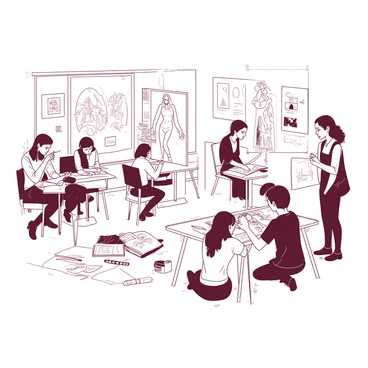 A classroom with students drawing a life model on one side and creating fantasy illustrations on the other