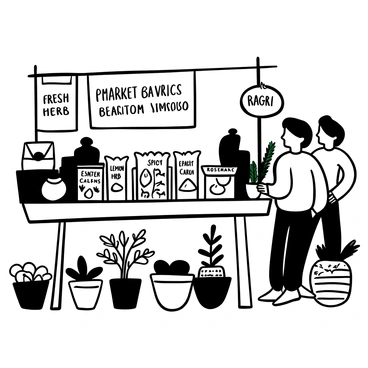 An artisan market scene featuring a wooden table displaying an array of handmade packages of couscous in various shapes and sizes. Each package is intricately labeled, showcasing different flavors such as lemon herb, spicy mango, and roasted garlic. Surrounding the table are potted herbs like basil and rosemary, adding to the market ambiance. Vendors are setting up colorful banners that read "Fresh Flavors" and "Handcrafted Goods." Customers are browsing nearby, examining other artisan products such as handmade pottery and woven baskets.