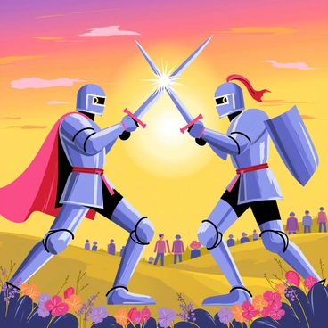 Two knights in shining armor are engaged in a fierce duel, their swords clashing with a bright sparkle. One knight has a crimson cape fluttering behind him, while the other sports a deep blue surcoat. The ground beneath them is covered in colorful wildflowers, contrasting with the metal of their armor. In the background, a vivid sunset casts an orange and purple hue across the sky, illuminating the scene. Spectators can be seen in the distance, watching the duel with excitement.