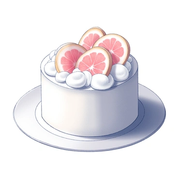 A light chiffon cake sits on a white plate. The cake has a fluffy texture and a round shape. It is decorated with thin, vibrant slices of grapefruit arranged artfully on top. Whipped cream is generously dolloped around the edges, adding a soft, creamy contrast. The grapefruit slices glisten, showcasing their juicy flesh against the light cake. The scene conveys a sense of freshness and indulgence, with the cake appearing inviting and ready to be served.