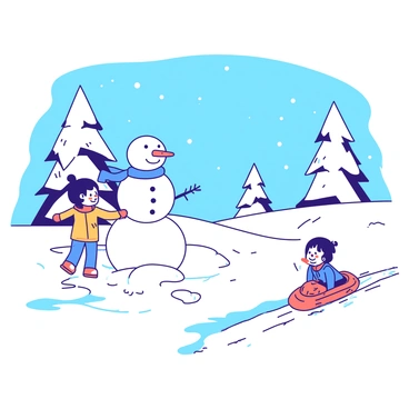 A white snowy landscape stretches across the scene with a bright blue sky above. In the foreground, two children are energetically building a snowman, packing snow into large glossy white balls. The snowman is adorned with a carrot nose and a blue scarf wrapped around its neck. To the right, another child is sledding down a gentle slope, their orange sled gliding swiftly over the smooth white snow. Nearby, snow-covered trees stand tall, their branches heavy with fresh snowflakes, completing the cheerful winter scene.