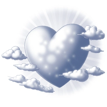 A human heart shape created from fluffy clouds. The clouds have soft, rounded edges and appear billowy, resembling the texture of cotton. The heart is situated in a bright sky filled with various cloud formations, enhancing the focus on the heart shape. Sunlight rays are visible, radiating from the background, creating a contrast that highlights the heart made of clouds. The overall scene captures the heart in three-dimensional form, floating amidst the sky.