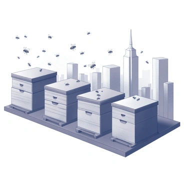 A rooftop featuring several wooden beehives arranged in a neat row. The beehives have a rustic appearance with hexagonal patterns on the front. Swarms of bees are actively buzzing around the hives, some hovering in the air while others are in flight towards the openings of the hives. The backdrop consists of a busy city skyline with tall buildings, creating an urban atmosphere. The scene captures the contrast between nature and the city, with the bees interacting harmoniously with their environment.