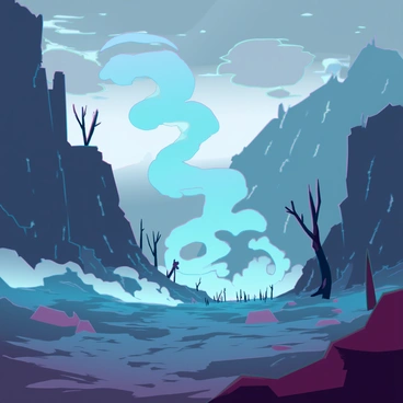 A valley filled with dense, swirling smoke and ash rising from the ground, creating a tumultuous atmosphere. The landscape is rugged with jagged cliffs on either side, partially obscured by the haze. Charred remnants of trees are scattered throughout, their blackened trunks contrasting against the dull gray of the ash-covered ground. In the center of the valley, swirling clouds of smoke hint at the aftermath of a recent battle, with faint silhouettes of debris and broken weapons partially buried in the ash. The sky above is overcast with dark clouds, enhancing the dramatic tone of the scene.