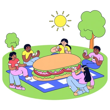 A giant sandwich is placed on a picnic blanket in the center of a green park. The sandwich is filled with layers of lettuce, tomato, and various meats, showcasing vibrant colors. Around the sandwich, four friends are sitting, smiling and reaching for the food. One friend has a sandwich half in their hand, while another is pouring drinks into cups. The sun shines brightly, creating warm light on the scene, and a few trees can be seen in the background.
