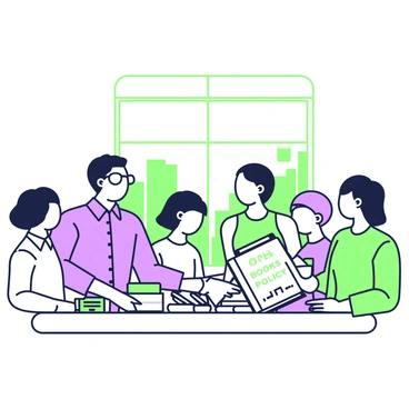 A company accountant is standing at a table, displaying financial books labeled "Open Books Policy" to a group of employees. The accountant is wearing a button-up shirt and glasses, with a confident expression. The employees are gathered around, attentively listening and engaging in the discussion. They include a diverse group of individuals, with various hairstyles and outfits. On the table, next to the financial books, there is a calculator and a notepad. A large window in the background lets in natural light, creating a bright atmosphere.