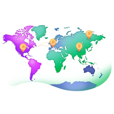 A detailed world map showcasing different countries and continents. Throughout the map, various "Bitcoin" symbols are prominently displayed at multiple global locations. Each "Bitcoin" symbol appears as a bright gold coin, standing out against the colorful map. The map features clear outlines of countries and major cities, providing context for the placement of the Bitcoin symbols. Additionally, there are dotted lines connecting some of the Bitcoin symbols, representing the flow of transactions or trade between locations.