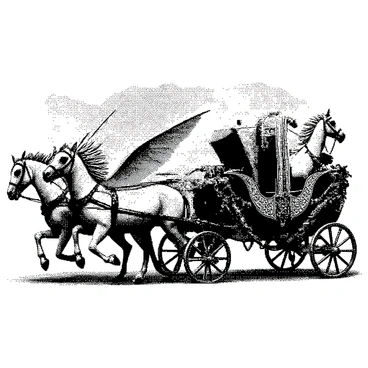 A mythical carriage is being drawn by four winged horses. The horses are powerful, with their large wings spread wide, showcasing detailed feathers. The carriage features ornate carvings and elegant design, with intricate patterns along the sides. The horses are galloping, their manes flowing in the wind, while the wheels of the carriage have an intricate pattern. The sky is filled with fluffy clouds, enhancing the grandeur of the scene.