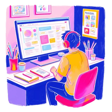 A user is seated in front of a computer, focused on the screen displaying Figma. The screen shows various design tools and an interactive tutorial in progress, with step-by-step instructions highlighted. The user, wearing headphones and a casual shirt, has their attention on the large monitor. The workspace around them includes a sketchbook, colored pencils, and a coffee mug. The room is decorated with posters of design concepts and inspirational quotes. The overall atmosphere conveys a sense of creativity and concentration.