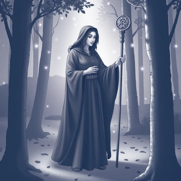 A witch dressed in a long, flowing robe stands in a dimly lit forest. She holds an ancient staff adorned with intricate carvings. Around her, several glowing runes float in the air, casting light on the surrounding trees. The forest is dense, with tall, dark silhouettes of tree trunks and twisting branches. Her face is partially shadowed, but her focused expression conveys concentration as she chants an incantation. The ground is covered with fallen leaves, and subtle fog creeps through the underbrush, enhancing the mystical ambiance of the scene.