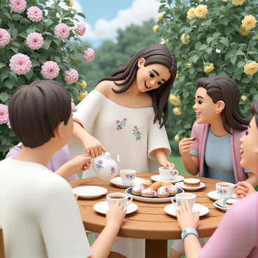 A woman, wearing a flowing white dress adorned with floral patterns, is hosting a tea party in her lush garden. She has long, flowing hair and is smiling as she pours tea from a delicate porcelain teapot into matching cups. The setting is vibrant with blooming flowers of various colors, and a wooden table is elegantly set with an assortment of pastries and sandwiches. Surrounding her are three friends, each dressed in casual yet stylish attire, enjoying the moment as they laugh and chat. One friend is reaching for a pastry while another holds a teacup, and the atmosphere is filled with warmth and joy.