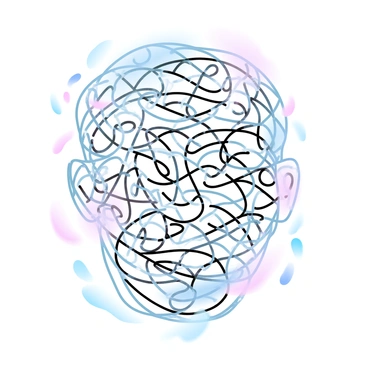 A collection of random, chaotic lines intertwines to form the shape of a face. The lines vary in thickness and direction, creating a complex web-like structure. The background features a soft gradient of pastel colors blending harmoniously. The overall composition evokes a sense of intrigue and enigma, inviting viewers to explore the details within the arrangement of lines.