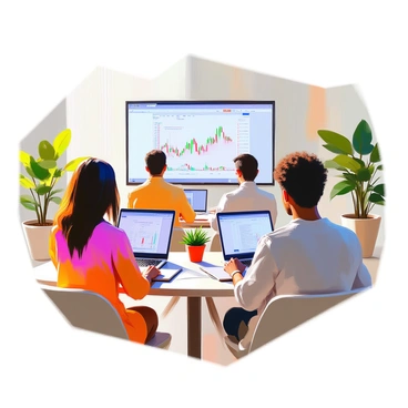 A group of diverse attendees is seated in a well-lit room, each focused intently on their laptops as they participate in an online Forex trading webinar. There are three individuals: a woman with medium skin and long black hair, a man with light skin and short brown hair, and another person with dark skin and curly hair. Each person has their laptop open, displaying charts and graphs related to Forex trading. The room is decorated with potted plants and modern furniture, creating a professional yet comfortable atmosphere. The attendees are taking notes, reflecting their engagement in the webinar.