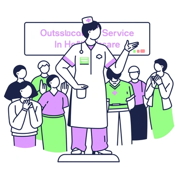 A nurse with short hair is standing confidently on a small stage, holding a framed award in her right hand. She is wearing a white nurse uniform with a name badge visible on her chest. In the background, there is a banner that reads "Outstanding Service in Healthcare." Surrounding her are several applauding colleagues, some wearing scrubs and others in formal attire. The audience appears engaged as they face towards her, with smiles and expressions of admiration. The lighting highlights the nurse, emphasizing her sense of pride and accomplishment.