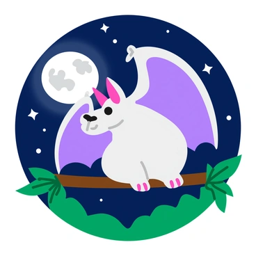 An albino bat with pale white fur and large, translucent wings is perched on a branch. The bat's wings emit a gentle, glowing light in shades of soft blue and lavender. The background features a dark nighttime sky illuminated by a full moon, casting a silvery glow over the scene. Surrounding the branch are leafy green plants that add contrast to the bat's bright appearance. Stars twinkle faintly in the sky, enhancing the magical atmosphere of the illustration.