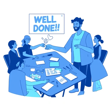 A blue workshop leader is standing in front of a group of participants, smiling as he hands out "Well Done" stickers. The stickers are bright and colorful, prominently displaying the text in bold letters. The participants, a diverse group of individuals, are seated at tables, eagerly reaching out to receive their stickers. In the background, there are various supplies scattered across the tables, including pens, notepads, and educational materials related to the workshop. The atmosphere is lively and encouraging.