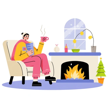 A winter scene featuring a person sitting comfortably on a plush armchair, wrapped in a thick, colorful blanket. The person is holding a steaming cup of hot coffee, with wisps of steam rising from the cup. A cozy fireplace is in front, with bright orange flames flickering and casting a warm glow across the room. Snow can be seen through a nearby window, creating a wintry backdrop outside. The room is adorned with holiday decorations, including a small evergreen tree and twinkling lights, enhancing the cozy atmosphere.