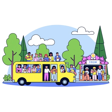 A bright yellow bus is parked at a popular sightseeing location, surrounded by lush greenery and vibrant flowers. The bus is filled with tourists of diverse backgrounds, all eagerly stepping out onto the pavement. Some tourists are holding cameras, capturing the scenic views, while others are smiling and posing together for photos. In the background, there are tall trees and a blue sky with fluffy white clouds. Nearby, a few souvenir stands display colorful trinkets and local crafts, adding to the lively atmosphere.