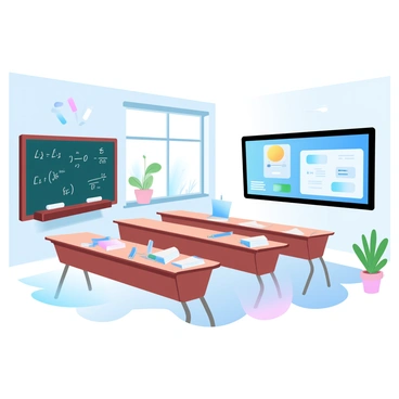 A classroom scene featuring two distinct areas. On one side, there are large blackboards mounted on the wall, with chalk scattered on a nearby tray. The blackboards are filled with various mathematical equations and colorful diagrams. On the opposite side, there are interactive screens displaying educational graphics and user interface elements. The room is filled with wooden desks arranged in rows, each with a stack of books and stationery items placed neatly. A large window allows soft light to fill the space, illuminating the vibrant learning environment. A few potted plants are situated near the window, adding a touch of greenery.