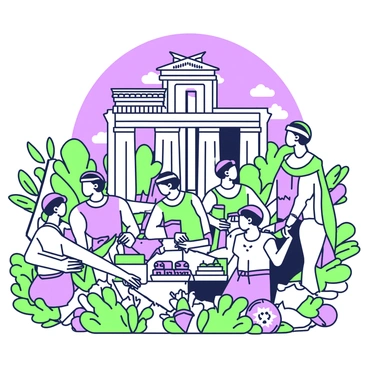 An intricate mosaic covers the surface, depicting a historical scene from Carthage's past. In the foreground, a group of figures in traditional attire is engaged in trade, exchanging goods like pottery and textiles. Each figure is characterized by distinct features, showcasing their various roles in the market. Surrounding them, vibrant patterns of foliage and geometric shapes frame the scene, adding depth and context. In the background, a monumental structure resembling a temple stands tall, with detailed columns and an ornate roof. Above the temple, a vivid sky is represented, filled with stylized clouds.