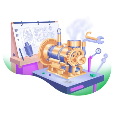 A detailed steampunk invention featuring intricate brass gears and an array of steam pipes. The invention is central in the image, showcasing the polished brass that glints in the light. Steam is visibly billowing from several pipes, creating a sense of motion and energy. Surrounding the invention are various tools, including a wrench and a pressure gauge, each with a vintage design. In the background, there is a wooden workbench cluttered with blueprints and additional mechanical parts.