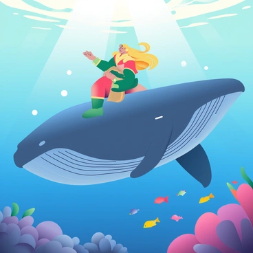 Aquaman, with long, flowing blonde hair and wearing an iconic green and gold costume, is riding on the back of a giant, majestic whale. The whale is immense, its skin shimmering with shades of blue and gray, gliding gracefully through vibrant, deep blue ocean waters. Around them, schools of colorful fish swim in harmony, and coral reefs can be seen beneath the surface. Sunlight filters through the water, creating a soft glow that illuminates the scene and highlights the intricate details of Aquaman's costume and the whale's powerful form. Bubbles trail behind the whale as it moves, adding to the dynamic feel of the underwater journey.