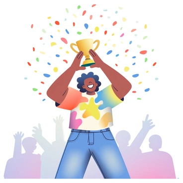 An artist with medium skin and curly hair is holding a golden trophy up high with both hands. They are wearing a colorful paint-splattered shirt and jeans. The artist is smiling broadly, showcasing a sense of accomplishment. Behind them, colorful confetti is raining down from above in a variety of colors, such as red, blue, and yellow. The background is filled with silhouettes of cheering crowd members, capturing the excitement of the moment. The atmosphere conveys a festive and celebratory scene.
