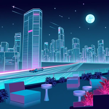 A panoramic view of a futuristic cityscape from a rooftop at night. The skyline features tall, sleek skyscrapers with glowing windows and neon lights reflecting off their glass surfaces. The streets below are bustling with flying vehicles leaving trails of light. The sky is dark but dotted with bright stars, and the moon casts a soft glow over the city. Twinkling lights adorn various buildings, creating a vibrant atmosphere. The foreground includes a rooftop garden with futuristic plants and seating areas, providing a cozy contrast to the urban environment.