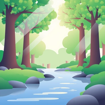 A panoramic view of a forest filled with tall trees showcasing green leaves and brown trunks. Sunlight is filtering through the branches, creating a dappled light effect on the forest floor. A gentle stream is flowing through the scene, with clear water reflecting the surrounding greenery. There are smooth stones lining the edges of the stream, and patches of soft moss can be seen along the banks. In the distance, the outlines of more trees can be observed, completing the natural landscape.