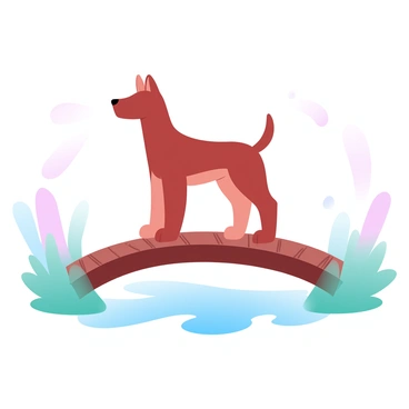 A minimalist drawing of a dog standing on a small bridge
