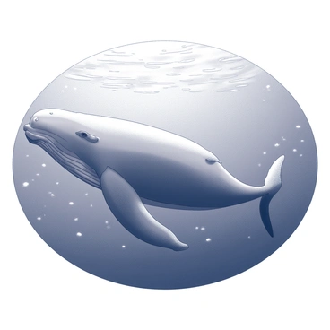 A large whale gliding gracefully through the water. The body of the whale is detailed with smooth contours, showcasing its massive size. Surrounding the whale, the deep ocean is depicted with varying shades of black and white to illustrate the depths and water currents. Bubbles rise around the whale as it moves, creating a sense of tranquility in the underwater scene. Light filters down from the surface, creating rippling patterns in the water above.