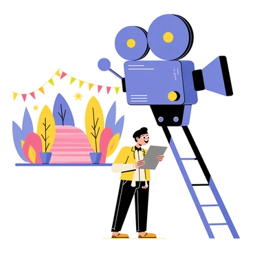 A little director with a cheerful expression is standing next to a giant camera that towers over him. The director is wearing a black beret and holding a clipboard, intently watching the scene unfold. The camera is detailed with large lenses and numerous knobs, emphasizing its size compared to the director. In the background, there is a colorful film set with props and lights, creating an engaging atmosphere for the scene being filmed.