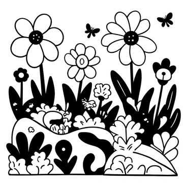 A lush garden filled with various types of flowers, featuring oversized blooms with intricate petal patterns. There are whimsical plants with unique shapes, such as spirals and curls, creating an enchanting atmosphere. Playful animals are scattered throughout the garden, including a small rabbit hopping beside a flower and a squirrel perched on a branch, curiously observing the scene. Butterflies flutter among the blooms, and a winding path made of stones leads deeper into the garden. The entire scene is depicted in black and white, emphasizing the details of each element.