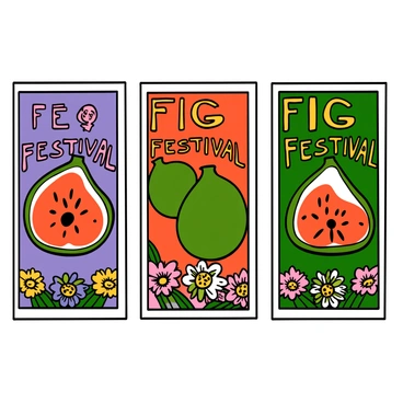 A series of vintage posters advertising "fig festivals." Each poster features a large, realistic illustration of "figs" in varying stages of ripeness, displayed prominently in the center. The background of the posters is filled with "bold colors" like deep purples, vibrant greens, and warm earth tones to reflect the fruit's natural hues. Decorative borders encompass the illustrations, incorporating floral motifs that enhance the overall aesthetic. Each poster includes stylized typography, with the phrase "Fig Festival" prominently featured in ornate lettering at the top. The overall composition conveys a sense of celebration and the bountiful harvest associated with figs.