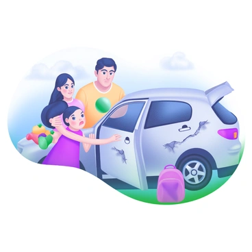 A worried family standing beside their car after a minor accident, with a child holding a toy.