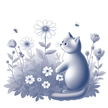 A cat sitting in a garden filled with various blooming flowers. The cat has a fluffy coat and appears to be observing its surroundings. In the garden, different types of flowers with distinct shapes and sizes are growing. Bees can be seen flying near the flowers, busy with their activity. Green foliage surrounds the flowers, contributing to the dense garden atmosphere.