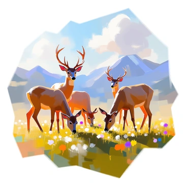 A group of deer, featuring a mix of males and females with varying shades of brown fur, are grazing peacefully in a lush green meadow. The meadow is dotted with wildflowers in shades of yellow and purple. In the background, there are distant mountains that rise majestically against the sky, their peaks partially covered with snow. The sun casts a warm light over the scene, illuminating the deer and the vibrant colors of the meadow. Soft clouds drift lazily in the blue sky above, completing the tranquil landscape.