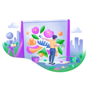 A scene depicting "artists" actively "painting" a "large" and "vibrant mural" on a "city wall." The artists are using brushes and spray cans, each with unique styles and colors. The mural features an array of bright, eye-catching designs, including flowers, abstract shapes, and geometric patterns. Surrounding the artists are colorful paint buckets and splashes of paint on the ground, showcasing the vibrant energy of the project. In the background, onlookers watch with interest, and various city elements like buildings and trees add to the urban atmosphere.
