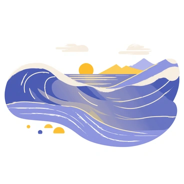 An ocean scene with large, rolling waves. The waves are painted in vibrant colors of deep blues, purples, and hints of shimmering gold and silver, resembling the cosmos. A clear sky above features a few fluffy white clouds, and the sun is setting on the horizon, casting a warm golden light over the water. The waves crash gently against a sandy shore, with small rocks scattered along the beach. In the background, a silhouette of distant mountains can be seen, adding depth to the scene.