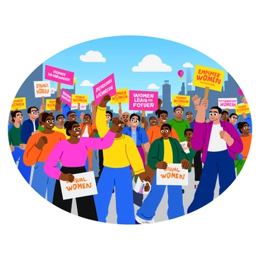 A vibrant political rally taking place in a public square filled with people. Men and women of diverse ethnic backgrounds are passionately holding colorful signs that read "Gender Equality in Leadership," "Equal Voices," and "Empower Women." The crowd is animated, with some participants smiling and others raising their fists in solidarity. Banners in the background display phrases such as "Together We Rise" and "Women Lead the Future," while balloons in various colors float above the scene. The atmosphere is lively, filled with a sense of unity and purpose.