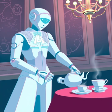 A humanoid robot with a sleek metallic body, featuring intricate filigree designs and glowing blue accents. It is dressed in an elegant Victorian-era outfit, complete with a tailored waistcoat, frilly white cravat, and a long coat that flares at the waist. The robot is standing beside an ornate tea table set with delicate china teacups and a polished teapot, pouring steaming tea into a cup with a precise, fluid motion. The background includes a richly decorated room with vintage wallpaper and an antique chandelier illuminating the scene.