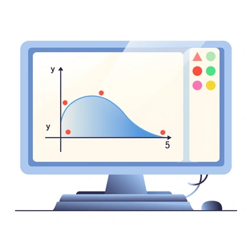 A computer screen is displaying a digital graph of a quadratic function. The graph features a smooth, curved parabola in a vibrant blue color against a white background. The x-axis and y-axis are labeled clearly with black lines and numbers, showing the scale. Several points on the curve are highlighted in red to depict important coordinates. To the side of the screen, there are various colorful buttons and icons representing different graphing tools. The desk below the screen has a black keyboard and a mouse neatly positioned beside it.