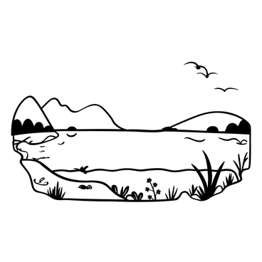 A panoramic view of a calm lake reflecting the surrounding landscape. The surface of the water is smooth and undisturbed, with ripples indicating a gentle breeze. Along the lake's edge, patches of grass and small rocks are visible. In the foreground, layers of sediment can be seen accumulating at the bottom, altering the depth of the water. Submerged plants and aquatic life are illustrated, highlighting the changing ecosystem. Silhouettes of birds can be seen flying in the distance above the lake, contributing to the tranquil atmosphere.