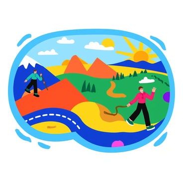 A large colorful mosaic made up of various geometric tiles. The mosaic features distinct sections illustrating different scenes of "struggle" and "triumph". One section shows a group of people climbing a steep mountain, symbolizing obstacles, while another section depicts a sunrise over an open field, representing freedom. Vivid colors such as deep blues, bright reds, and golden yellows are used throughout the mosaic to convey emotion. Each scene is connected by flowing lines and patterns that unify the overall composition.