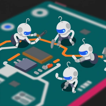 A close-up of tiny silver nanobots working together on a complex electronic circuit. Each nanobot is biomechanical in design, with small, articulated limbs and glowing blue eyes. The circuit board features intricate pathways with copper traces and various components like capacitors and resistors. The nanobots are actively moving, with one using a tiny tool to fix a broken connection, while others are observing or carrying small parts. The background is slightly blurred to emphasize the detailed work of the nanobots.