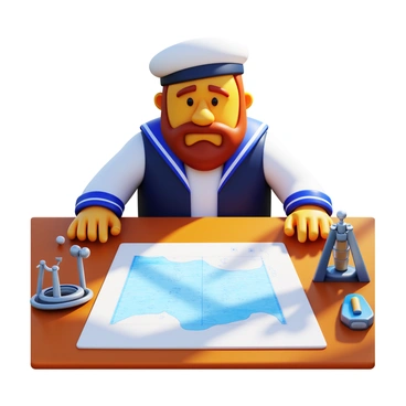 A sailor with a rugged appearance is focused intently on a large nautical chart spread out in front of him. He is surrounded by various navigational instruments, including a compass and a sextant, which are positioned on a wooden table. The sailor wears a traditional navy blue jacket and a white shirt, with a cap resting on his head. The sunlight casts warm beams across the deck, highlighting the details of the map and instruments. His expression reflects deep concentration as he makes calculations to navigate the ship through the open sea.