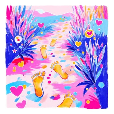 A series of footprints are imprinted on a surface composed of vibrant, colorful icons. The footprints lead through a digital landscape that features various symbols, such as hearts, stars, and arrows, all arranged in a dynamic pattern. The background is filled with an array of bright colors, creating a lively atmosphere. Some icons appear larger while others are smaller, giving depth to the scene. The footprints are detailed, showcasing the texture of the ground. Overall, the composition invites the viewer to follow the trail of footprints through this imaginative digital world.